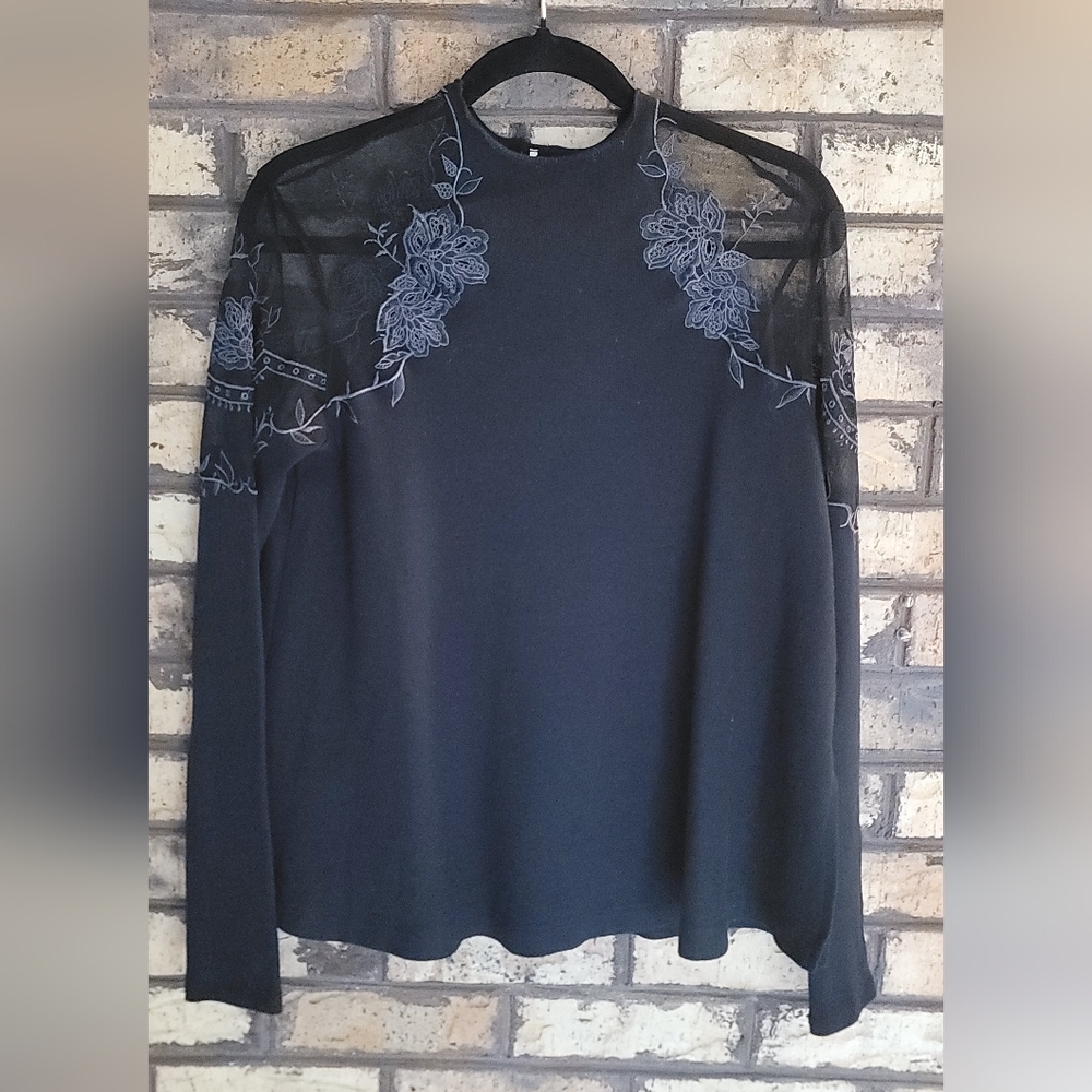 C - Free people black pullover lightweight sweater, lace mesh shoulders